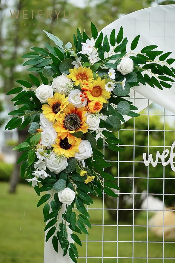 Artificial Flowers Wedding Arch Swag Kit, Sunflower, 3-Piece Set with Drape