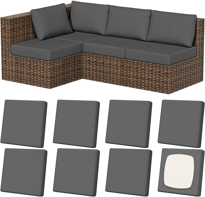Cushion Covers, Stretch-Fit 8-Pack in Medium Grey for Patio and Indoor Seats