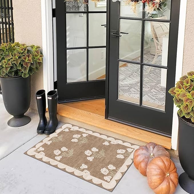 Outdoor Rugs Tan Floral Door Mat, Non-Slip 2 x 3 ft Polyester