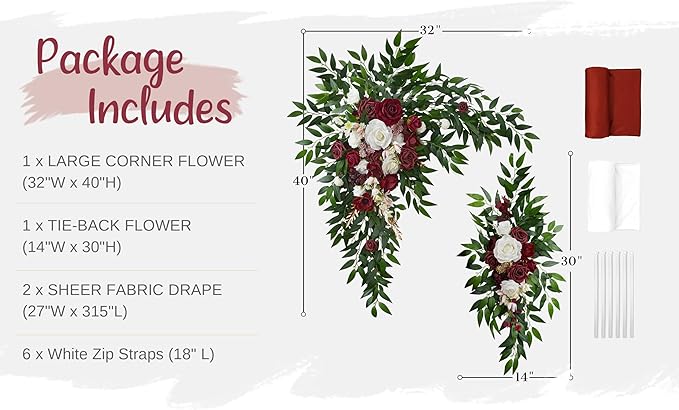 Artificial Flowers Marsala Silk Rose Wedding Arch Kit with Drapes
