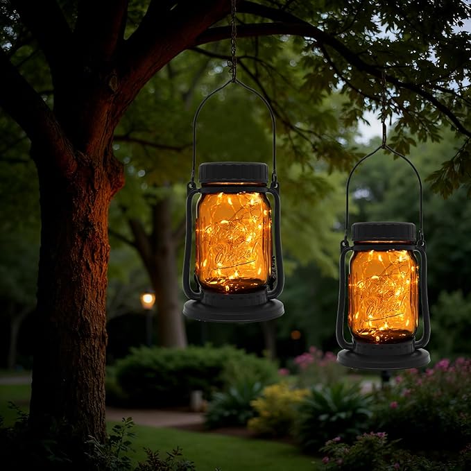 Lanterns, Solar Mason Jar Brown Glass, 30 Warm White Beads