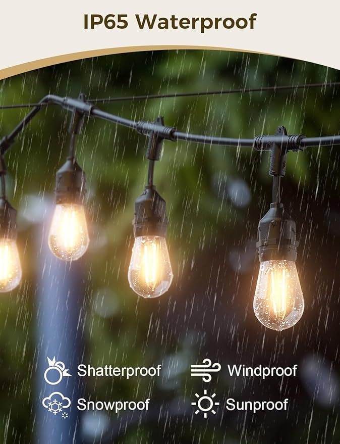 String Lights with Dimmable Warm White Edison Bulbs, IP65 Waterproof