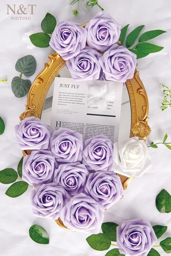 Artificial Flowers, 50 Count Lavender Latex Foam Roses with Wire Stems