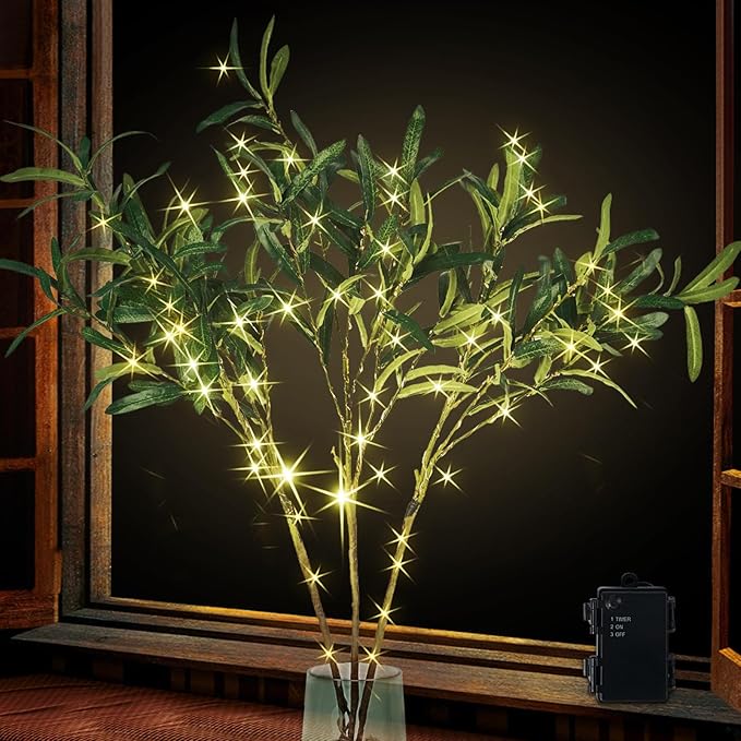 Artificial Olive Branch Greenery, 99 Warm White LEDs, 33-Inch