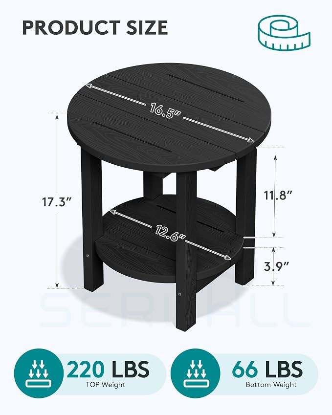 Side Table: Round 2-Tier HDPE Outdoor Patio Table, Black