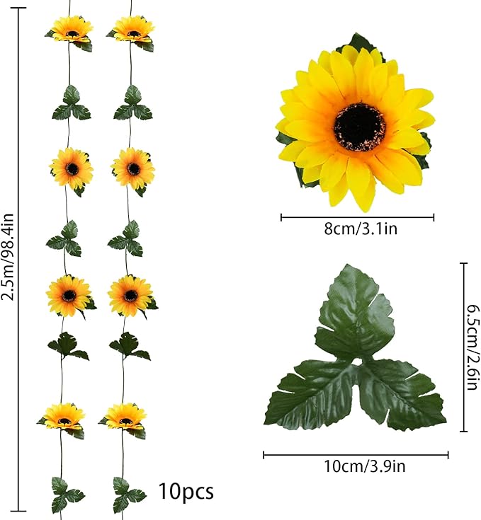 Artificial Sunflower Garland 10 Pack, 8.2 ft Yellow and Green Silk Vines