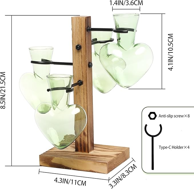 Terrarium Plant Propagation Station, Heart-Shaped Green Glass with Wood Stand