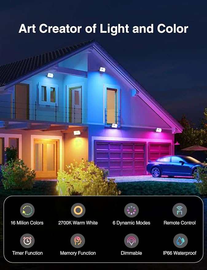 Flood Security Lights, 100W RGBW LED Outdoor Floodlight with Remote