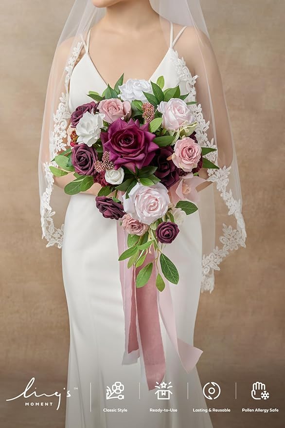 Artificial Flowers Cascading Bridal Bouquet, Marsala and Blush Silk Roses