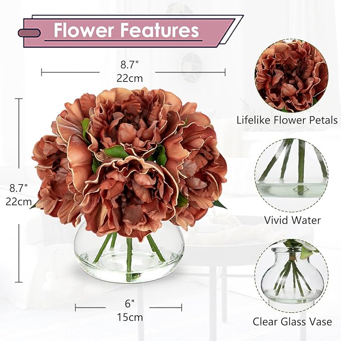 Artificial Peony Flowers in Glass Vase, 6 Silk Heads, Coffee Color