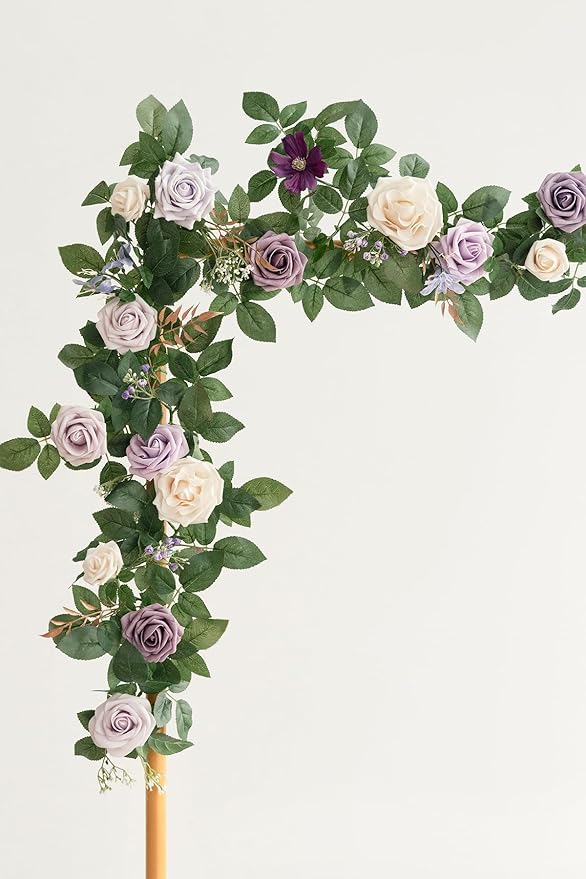 Artificial Flower Garland 5 Ft Purple Rose Vine with Green Leaves