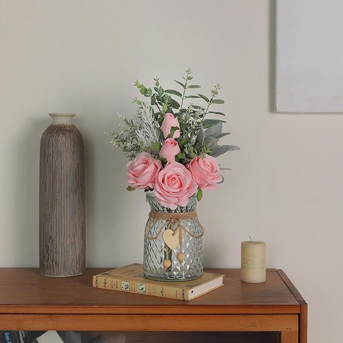 Artificial Flowers in Glass Vase, Pink Silk Roses, 14.5 Inch Tall