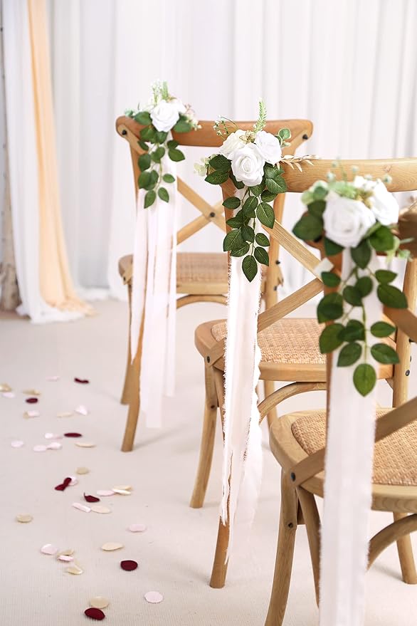 Artificial Rose Chair Flowers for Wedding Aisle, Set of 10 in White
