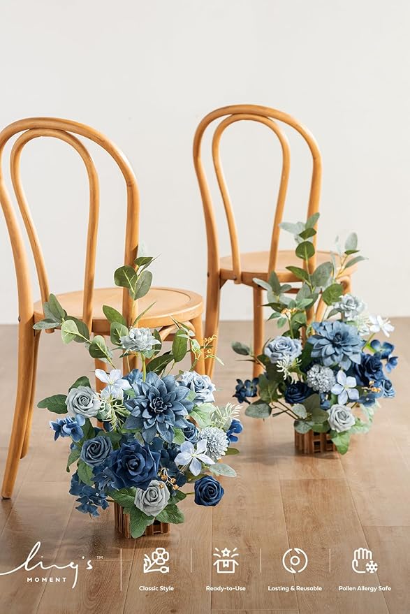 Artificial Flower Arrangements, 4 Pack, Dusty Blue and Navy Wedding Decor
