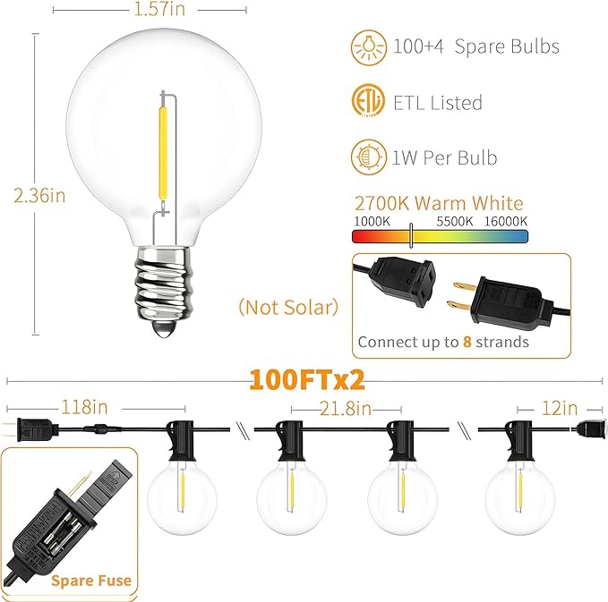 String Lights 200 FT Black G40 Waterproof Patio Lights