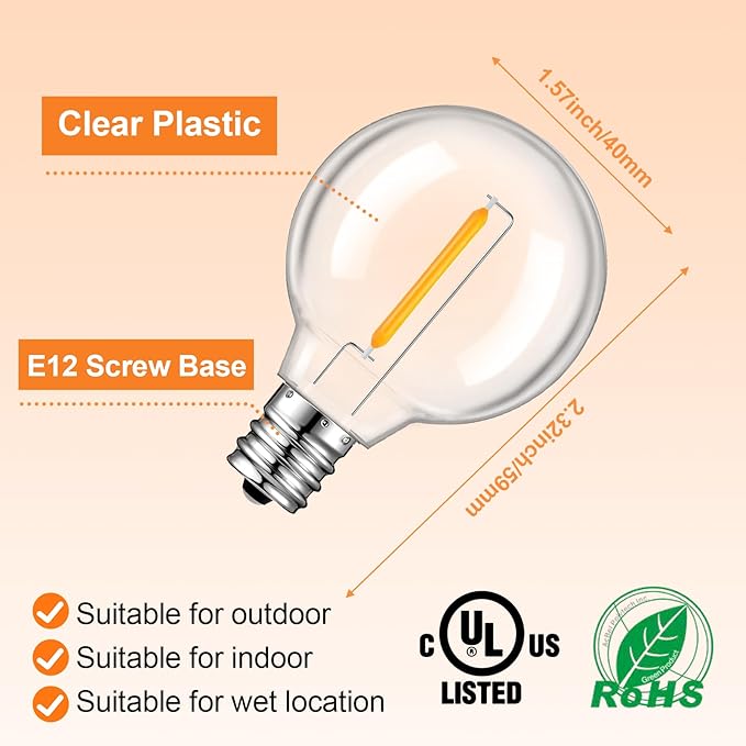LED Edison Bulbs, 50 Pack G40 E12 Dimmable Clear Globe