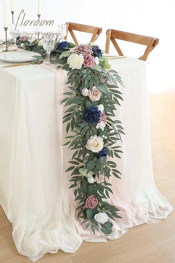 Artificial Flower Garland 6ft Eucalyptus Willow Vine, Dusty Rose Navy