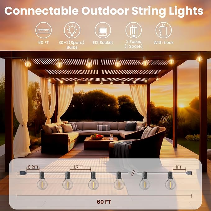 RTTY Dense-Glow Outdoor String Lights 60 ft, G40 Led Patio Globe Lights - Image 2