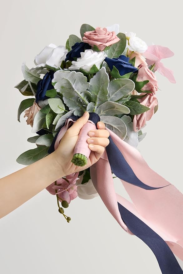 Artificial Flowers Bridal Bouquet, Dusty Rose and Navy Cascade