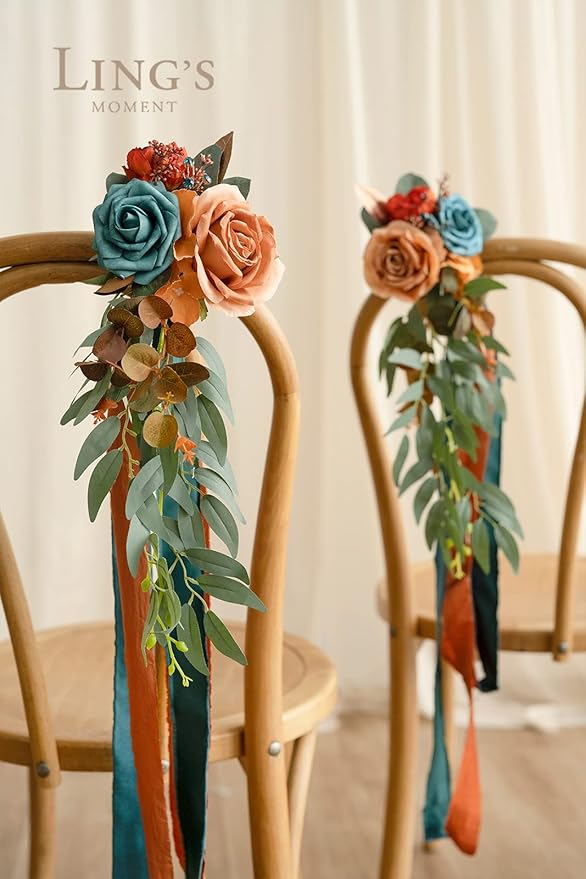 Artificial Flowers Set of 8 Aisle Pew Decor in Dark Teal and Burnt Orange