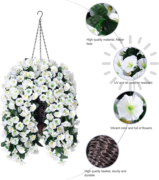 Artificial Flowers Hanging Basket, White Silk Orchid, 11 Inch Tall