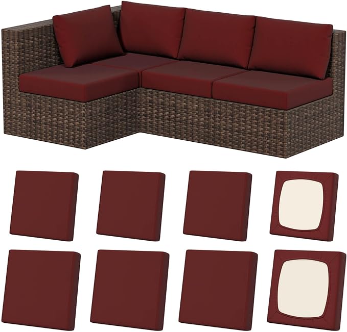 Patio Cushion Covers 8 Pack, Wine-Red Stretch Fit, Machine Washable