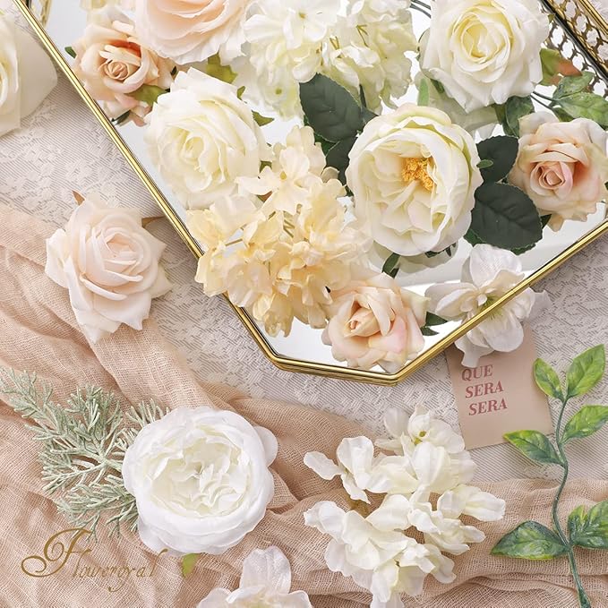Artificial Flowers Set White Silk Mix, 18 Pieces with 30 Plastic Stems