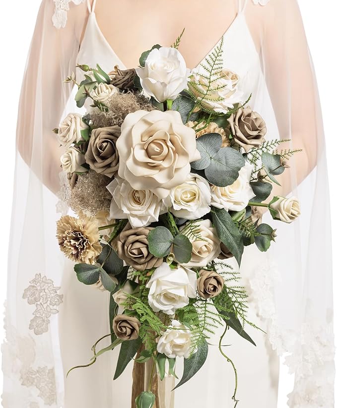 Artificial Cascade Bridal Bouquet, Brown Beige Silk Flowers, 13 x 20 in