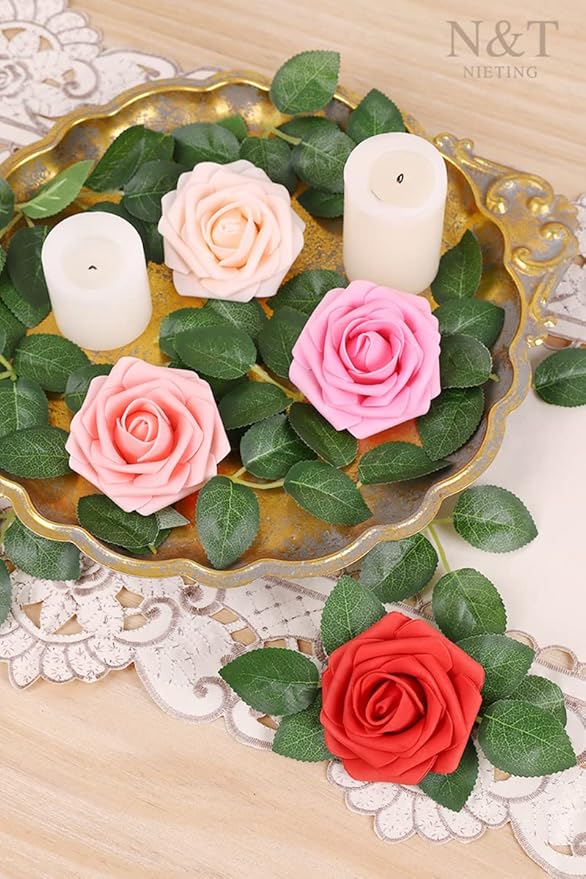 Artificial Flowers, 50 Foam Roses with Bendable Wire Stems