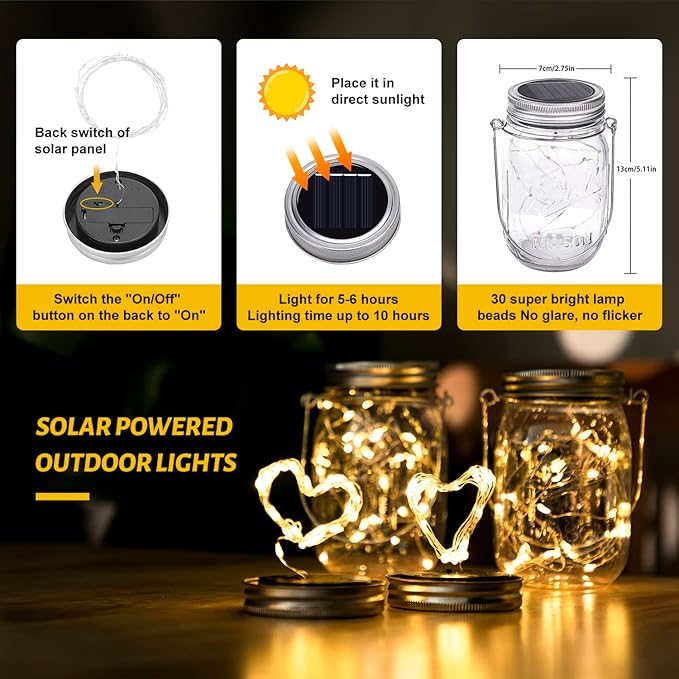 Lanterns, Clear Plastic Mason Jar Solar Lights, 8 Pack with Warm White LED