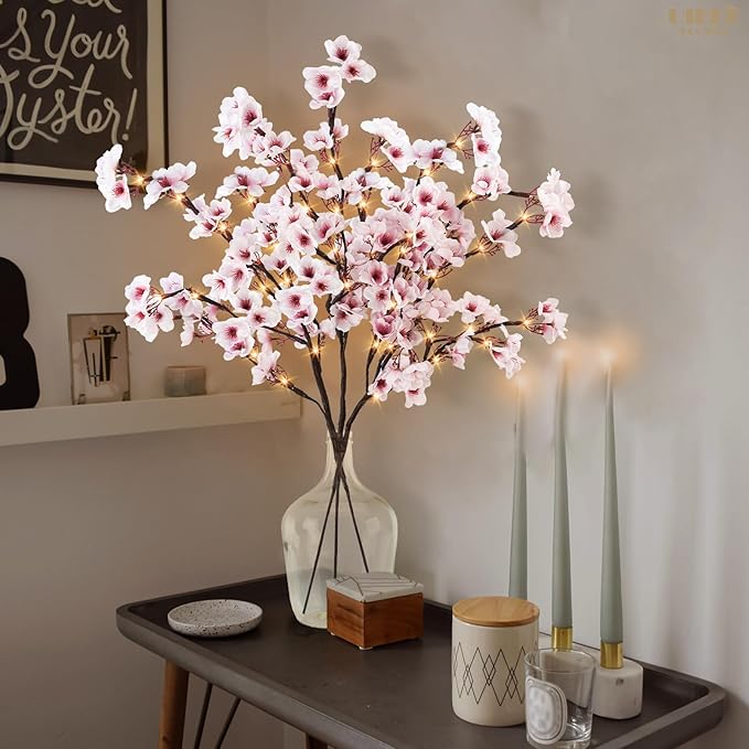 Artificial Flowers: Pink Cherry Blossom Branches with 60 LED Lights, 30 Inch