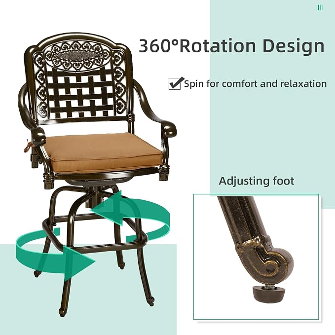 VIVIJASON 3-Piece Outdoor Swivel Bar Stools Set, All Weather Cast Aluminum - Image 2