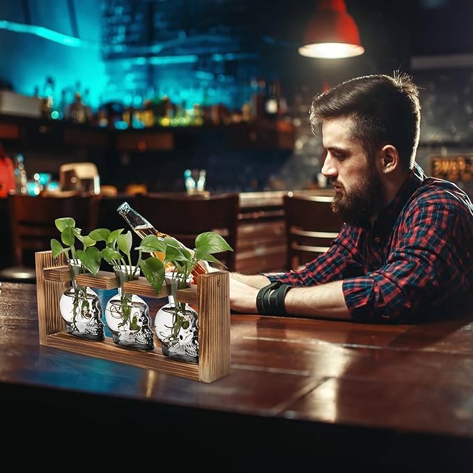 Terrarium Skull Glass Propagation Station Set with Wood Stand, 3 Pieces