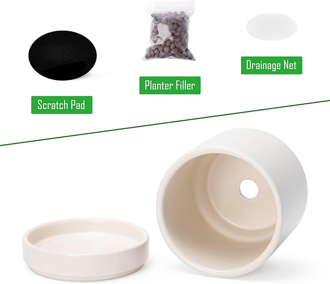 Planters, Set of 4 Small Round Ceramic Pots in Oatmeal with Saucers