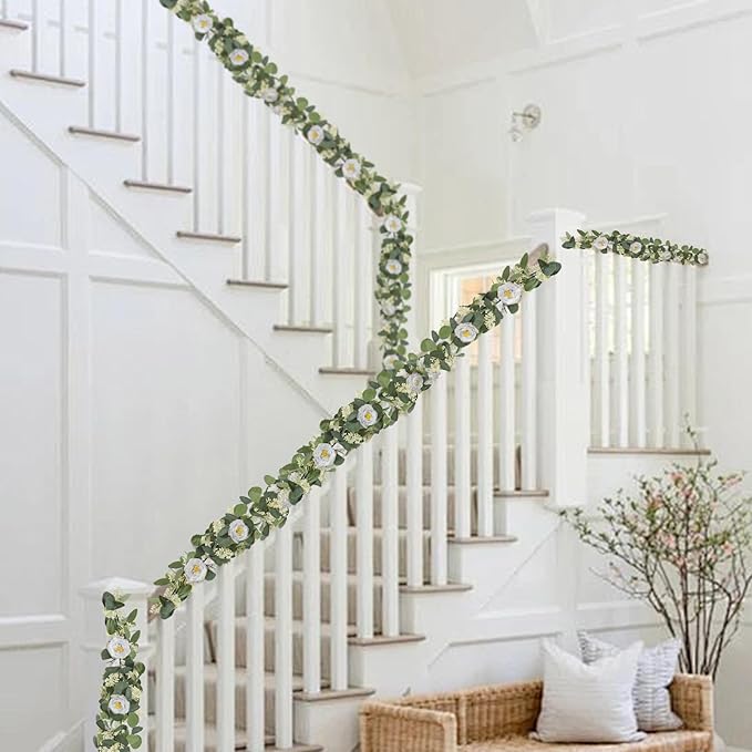 Artificial Eucalyptus Garland with Roses, 2-Piece Set, Green and White