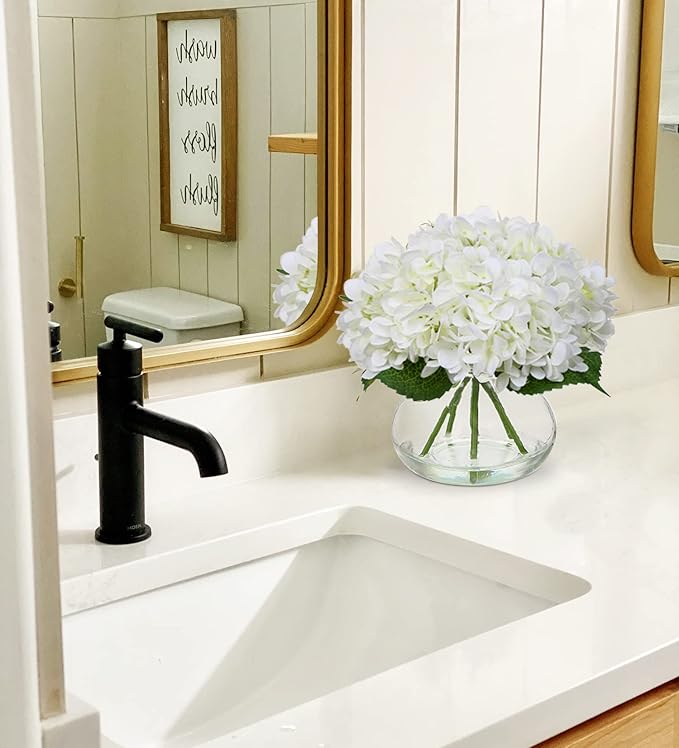 Artificial Hydrangea Flowers in Glass Vase, White Silk, 4 Heads