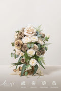 Artificial Cascade Bridal Bouquet, Brown Beige Silk Flowers, 13 x 20 in