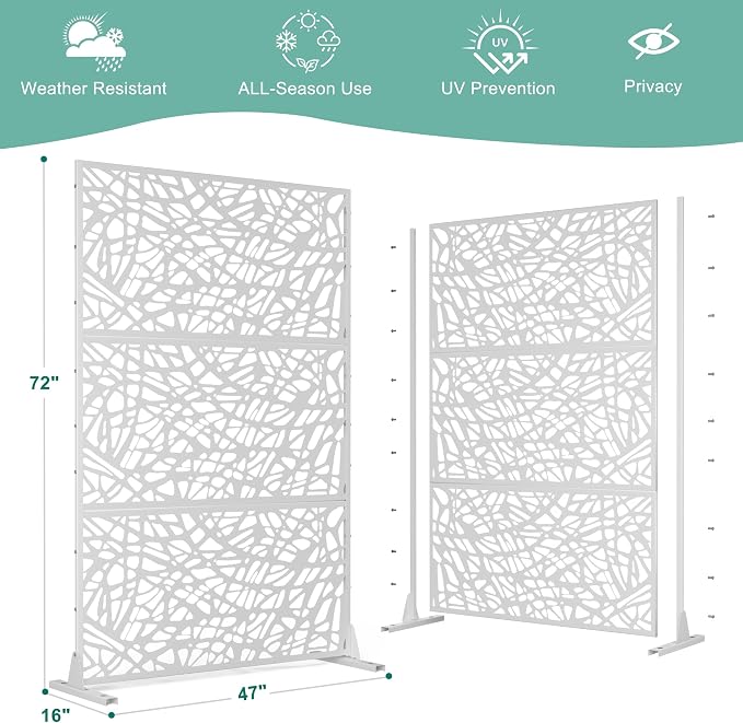 Decorative Fence Privacy Screen, Metal, White Net, 72 x 47 Inches