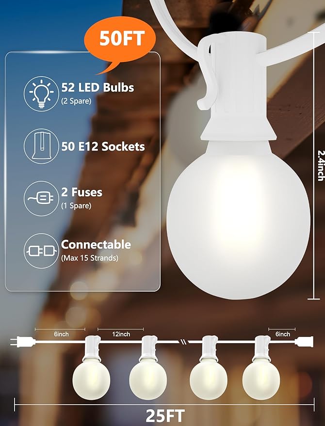 Indoor String Lights 50 FT Frosted White LED with 50 G40 Bulbs