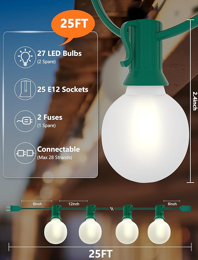 Globe String Lights 25 Ft with 27 Frosted White G40 LED Bulbs