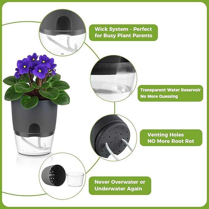 5 Pack Self Watering Pots for Indoor Plants, PlanterHoma 4 Inch Plant Pot - Image 6