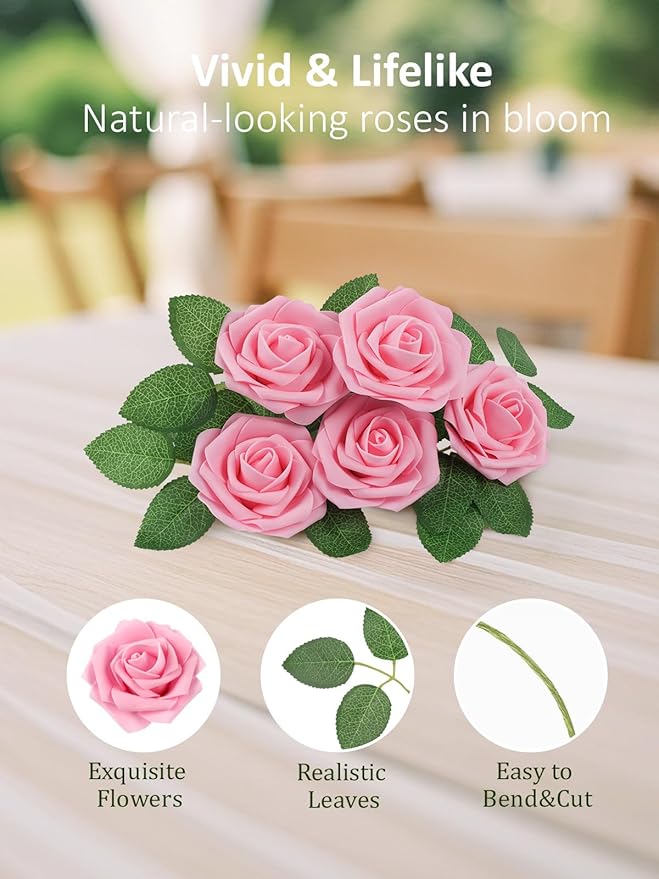 Artificial Flowers, 50 Light Pink Foam Roses with Bendable Stems