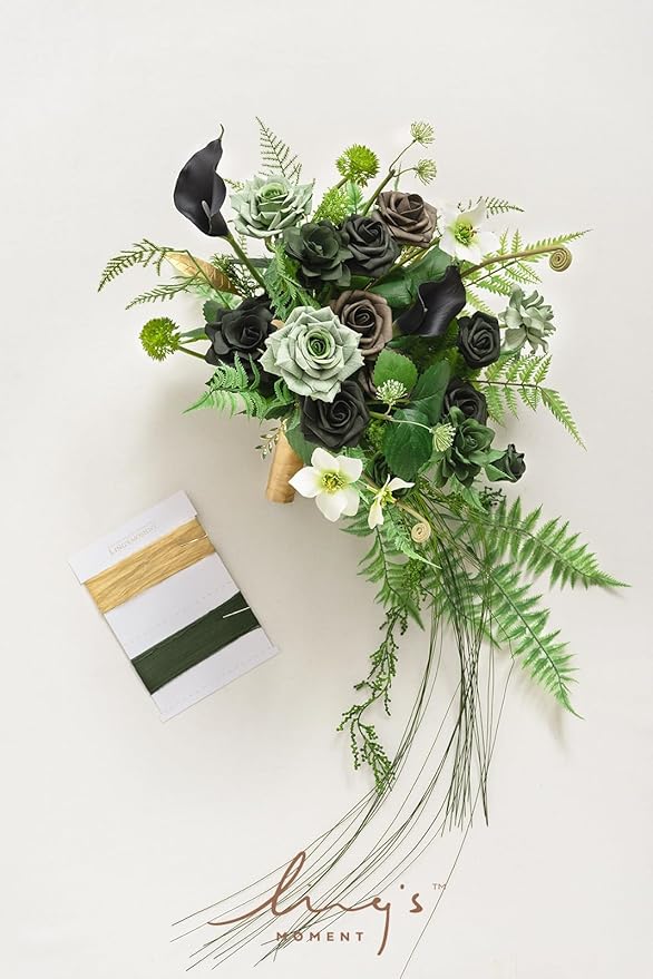 Artificial Flowers Forest Green Cascading Bridal Bouquet, 13 Inch Silk