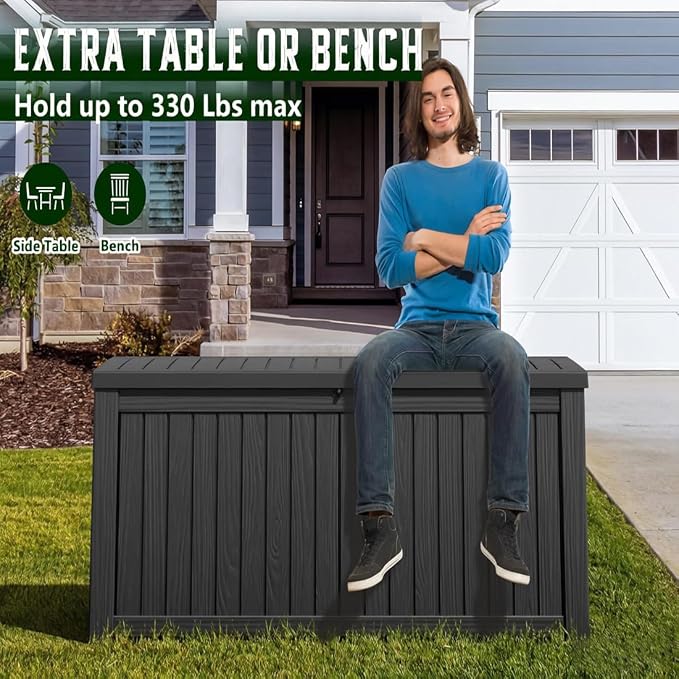 Deck Box 180 Gallon Striped Black Resin Outdoor Storage with Hydraulic Lid