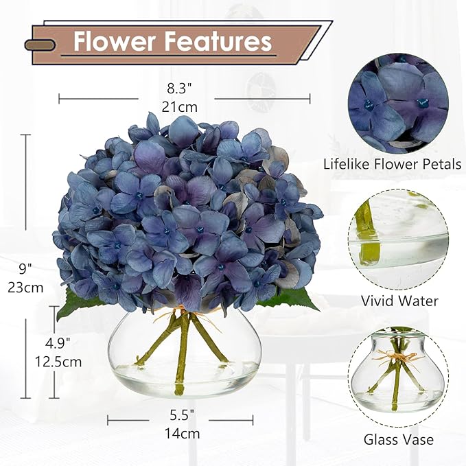 Artificial Flowers: Dark Blue Silk Hydrangea Arrangement with Glass Vase