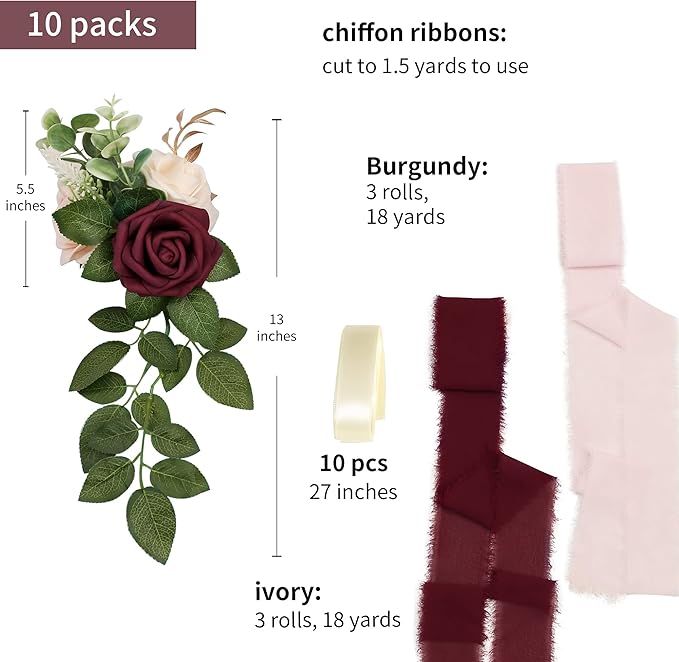 Artificial Flowers Wedding Chair Decor, Burgundy Roses, 10 Pack