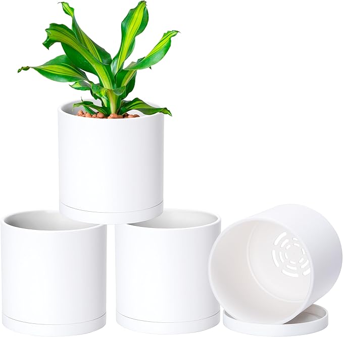 Planters Set of 4 Matte White Plastic Plant Pots with Drainage and Saucers