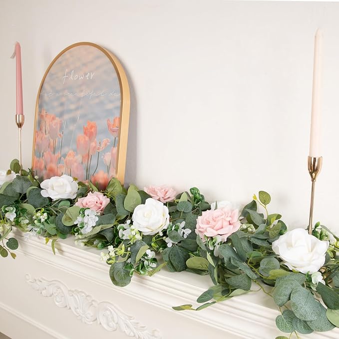 Artificial Greenery Garland, 6 ft Eucalyptus Vine with White Blooms