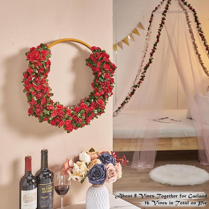 Artificial Rose Garland Vines, 8 Pack, 8.2 ft Spring Red Flowers