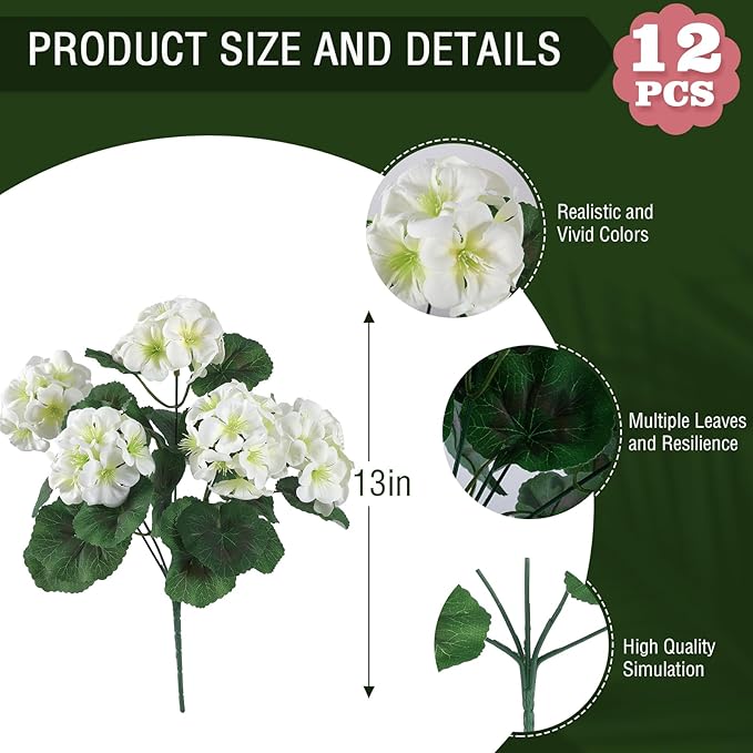Artificial Geranium Flowers, White Silk, UV Resistant, 6 Bundles